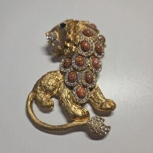 Kenneth Jay Lane Faux Crystal and Coral Lion Brooch